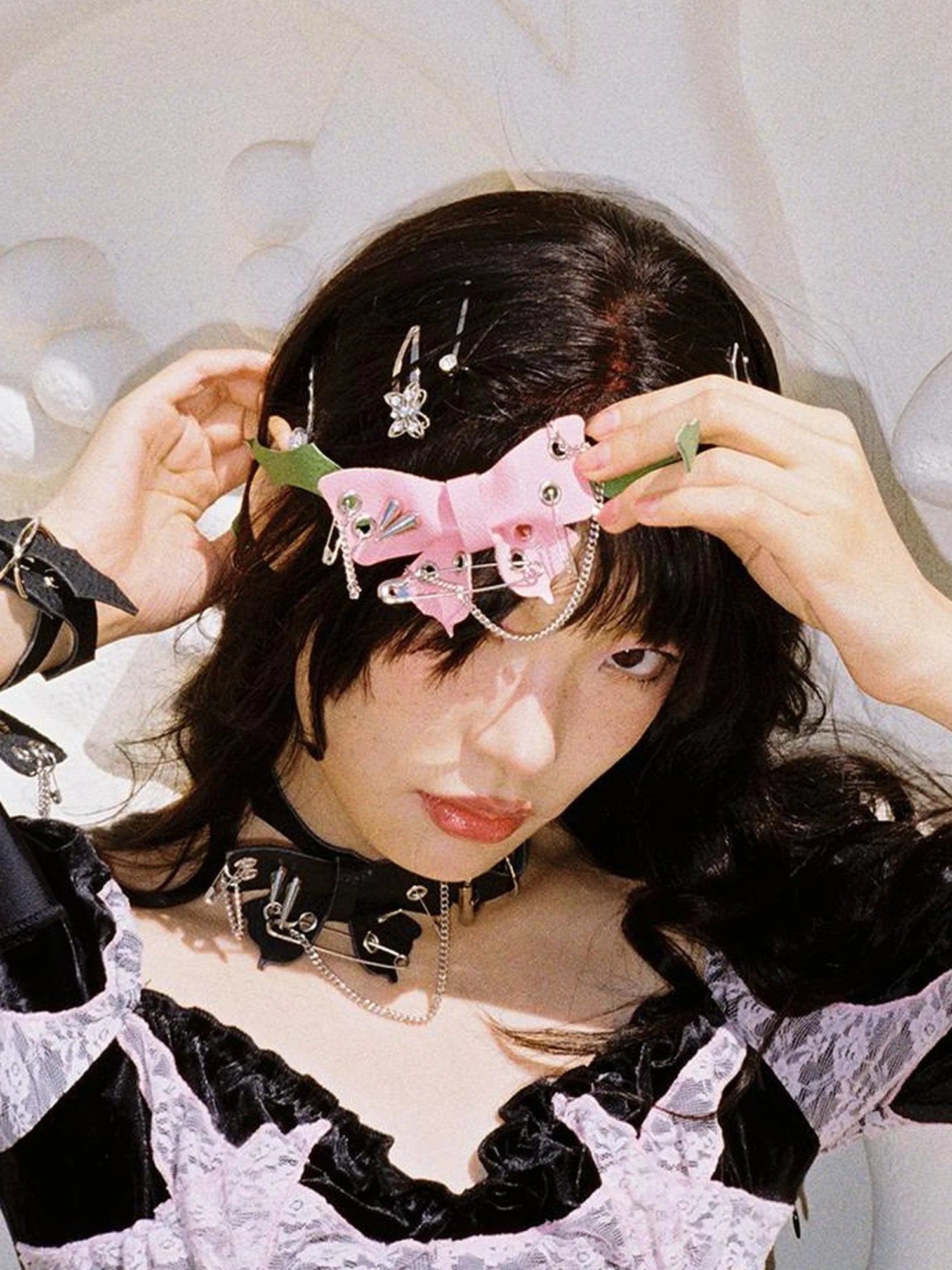 Punk Butterfly Spike Choker Pink Green