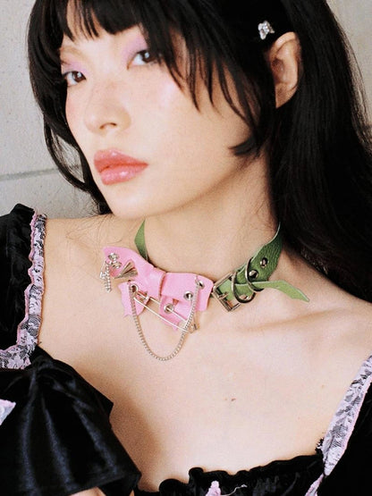Punk Butterfly Spike Choker Pink Green