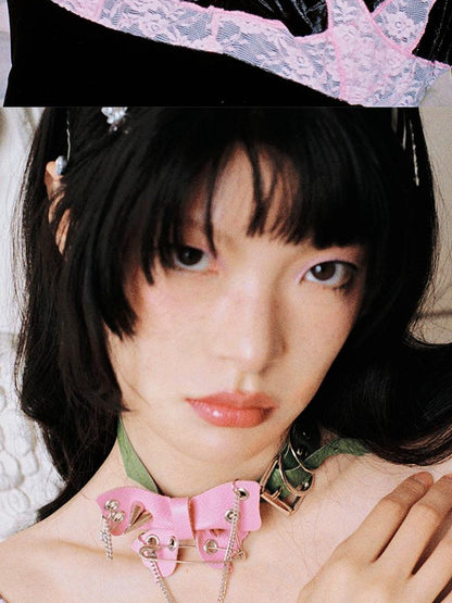 CFIERCE Punk Butterfly Spike Choker Pink Green