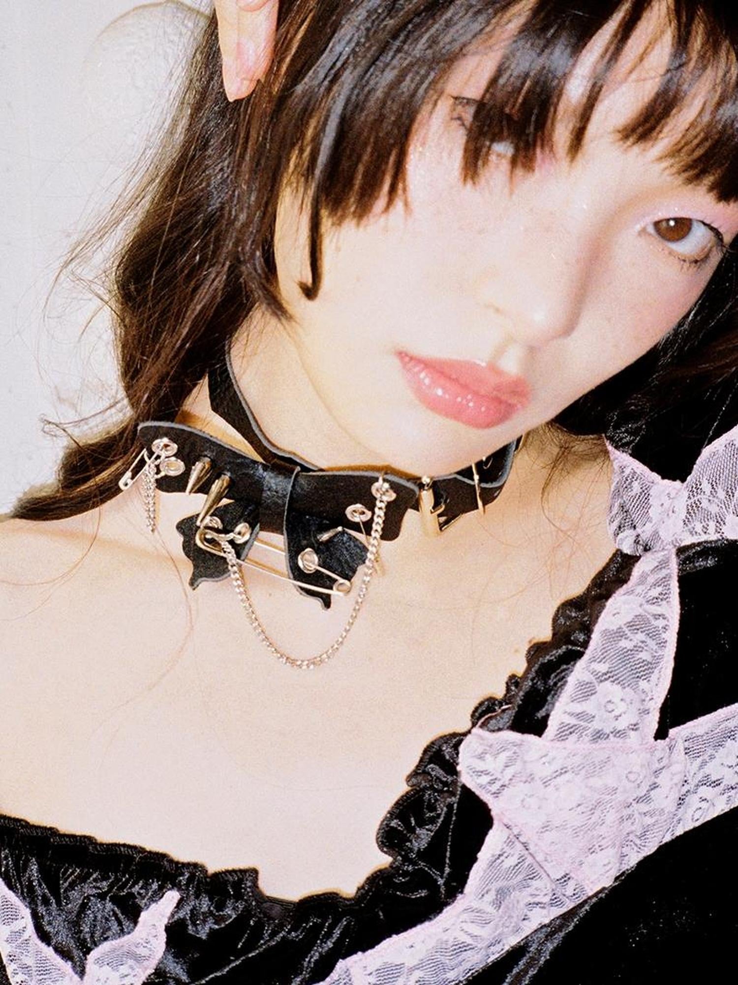 CFIERCE Punk Studded Butterfly Spike Choker Black