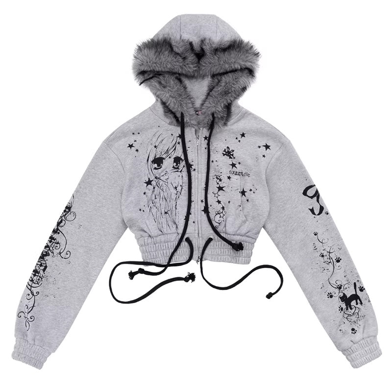 CFIERCE_Pure_Cotton_Slim_Fit_Cropped_Zip_Hooded_Streetwear_Cartoon_Grey_Hoodies_MISSTT