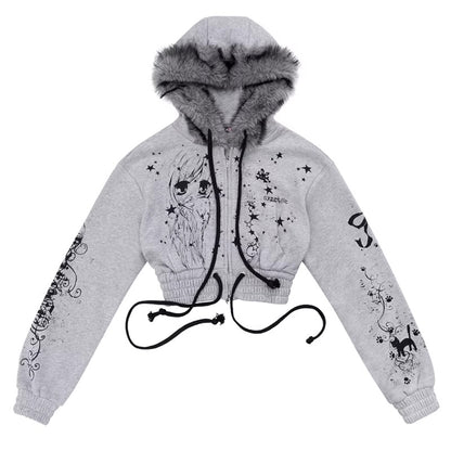 CFIERCE_Pure_Cotton_Slim_Fit_Cropped_Zip_Hooded_Streetwear_Cartoon_Grey_Hoodies_MISSTT