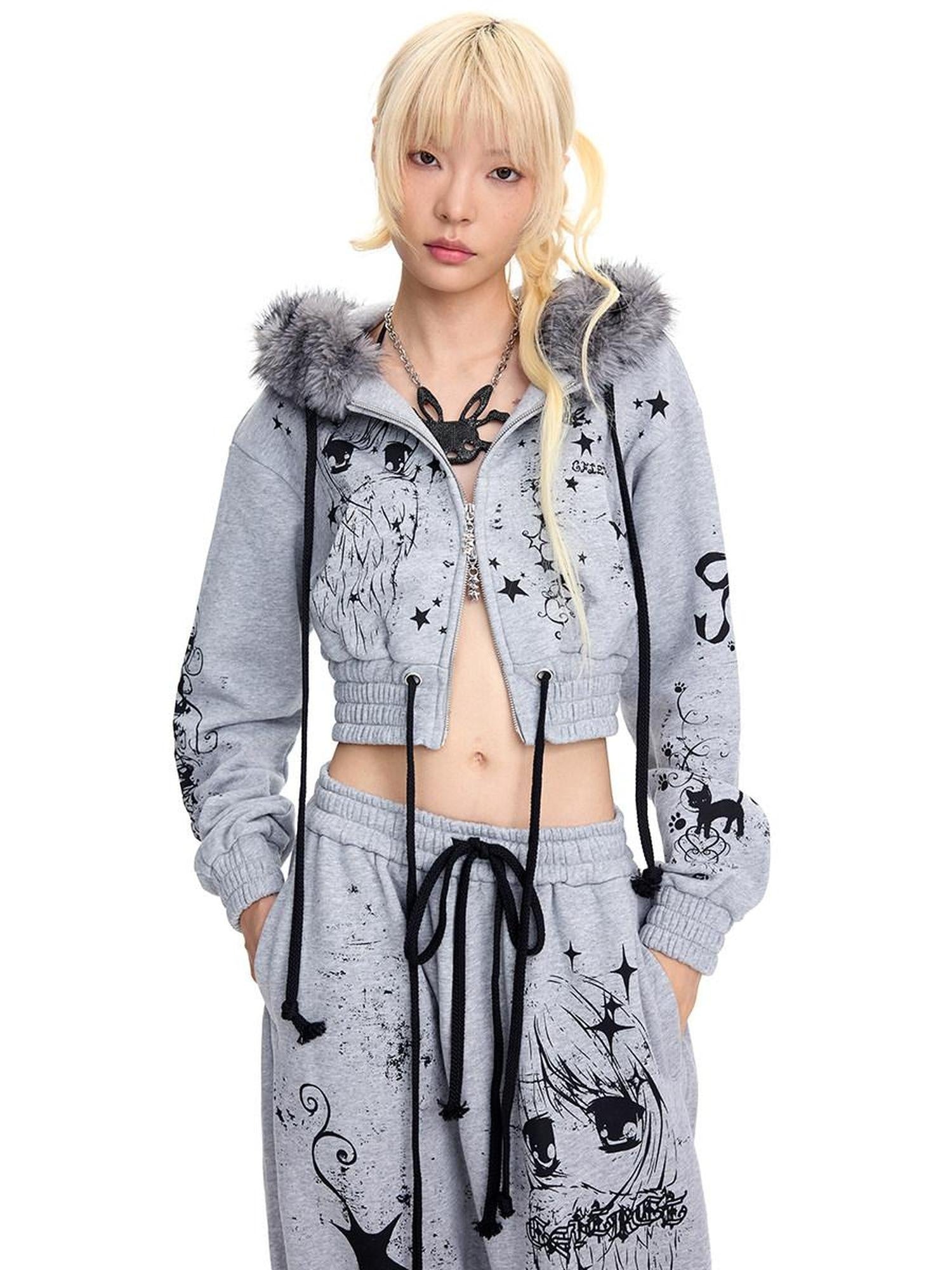 CFIERCE Pure Cotton Slim Fit Cropped Zip Hooded Streetwear Cartoon Grey Hoodies