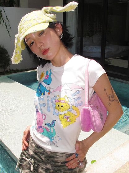 CFIERCE Rabbit Ear Print Denim Cap