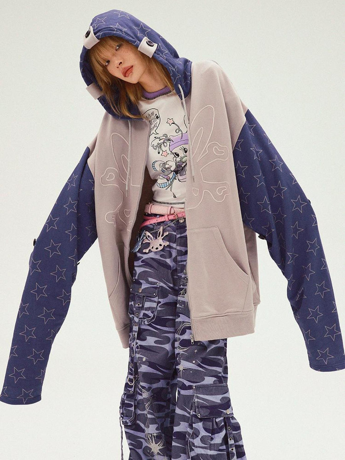CFIERCE Rabbit Skull Embroidered Oversized Hooded Sweatshirt