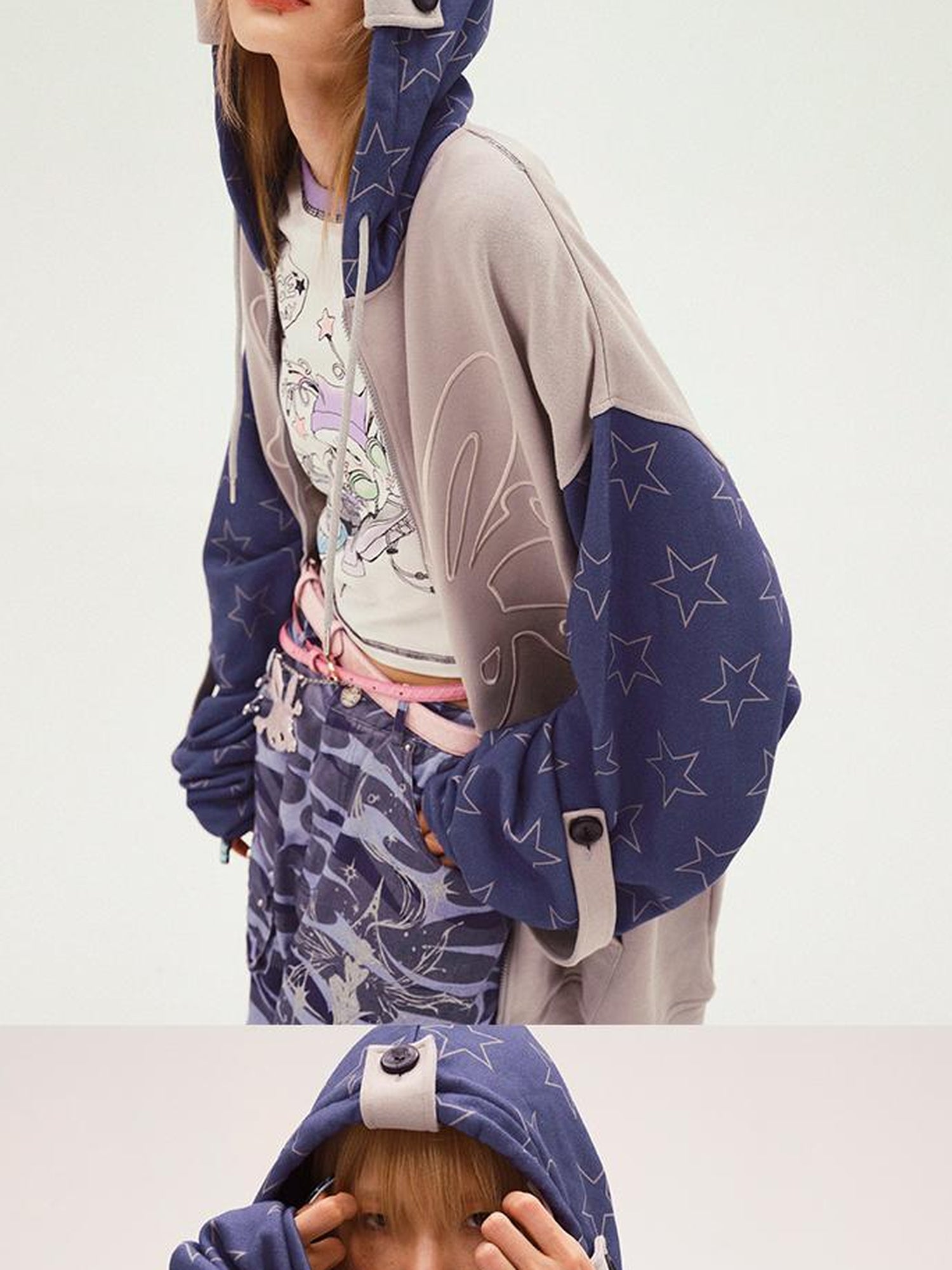 CFIERCE Rabbit Skull Embroidered Oversized Hooded Sweatshirt