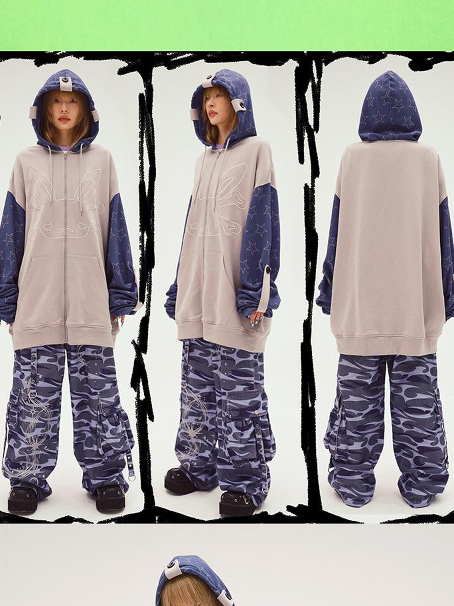 CFIERCE Rabbit Skull Embroidered Oversized Hooded Sweatshirt