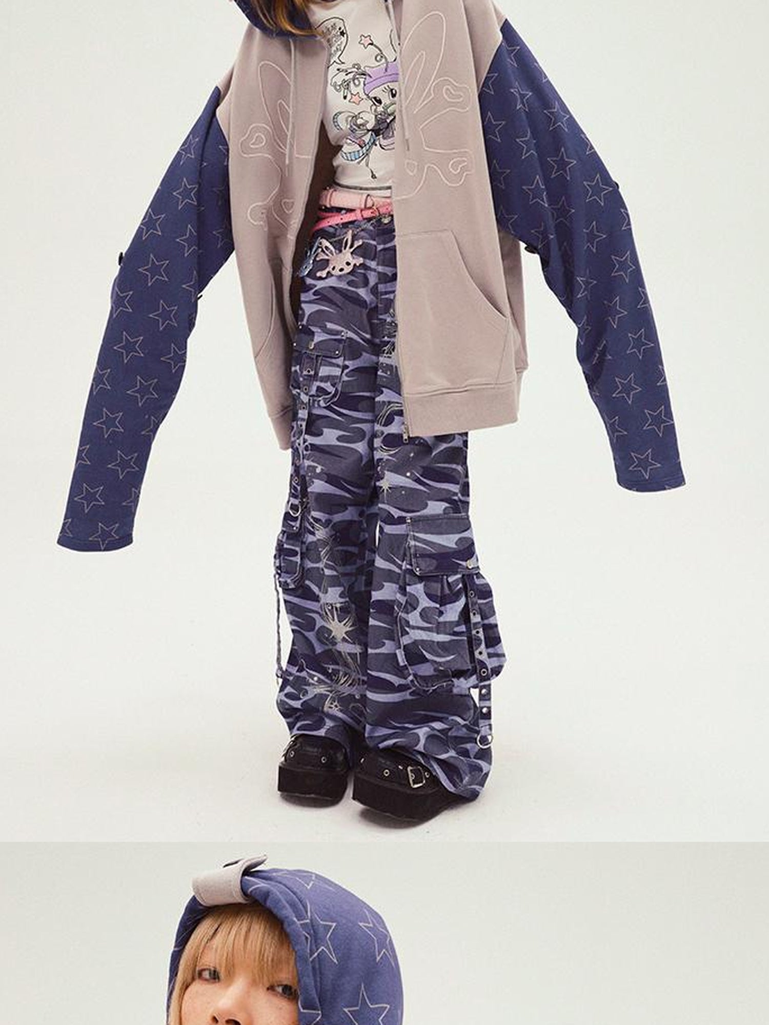 CFIERCE Rabbit Skull Embroidered Oversized Hooded Sweatshirt