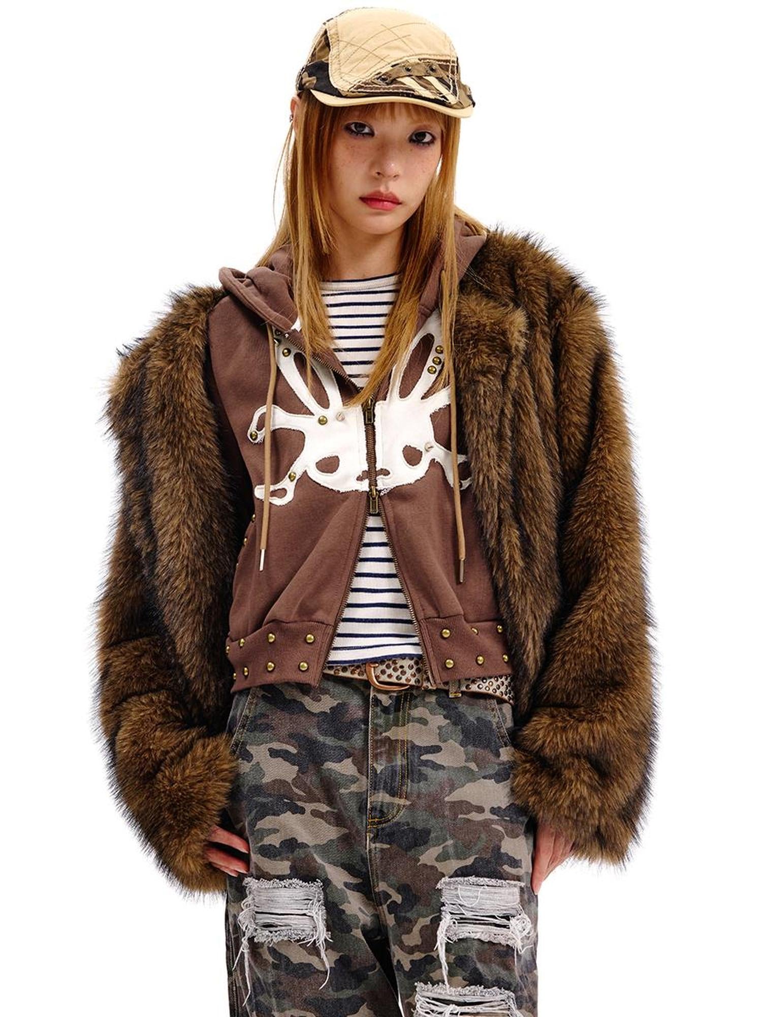 CFIERCE Rabbit Skull Print Two Layer Knit Coat