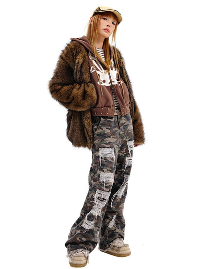 CFIERCE Rabbit Skull Print Two Layer Knit Coat