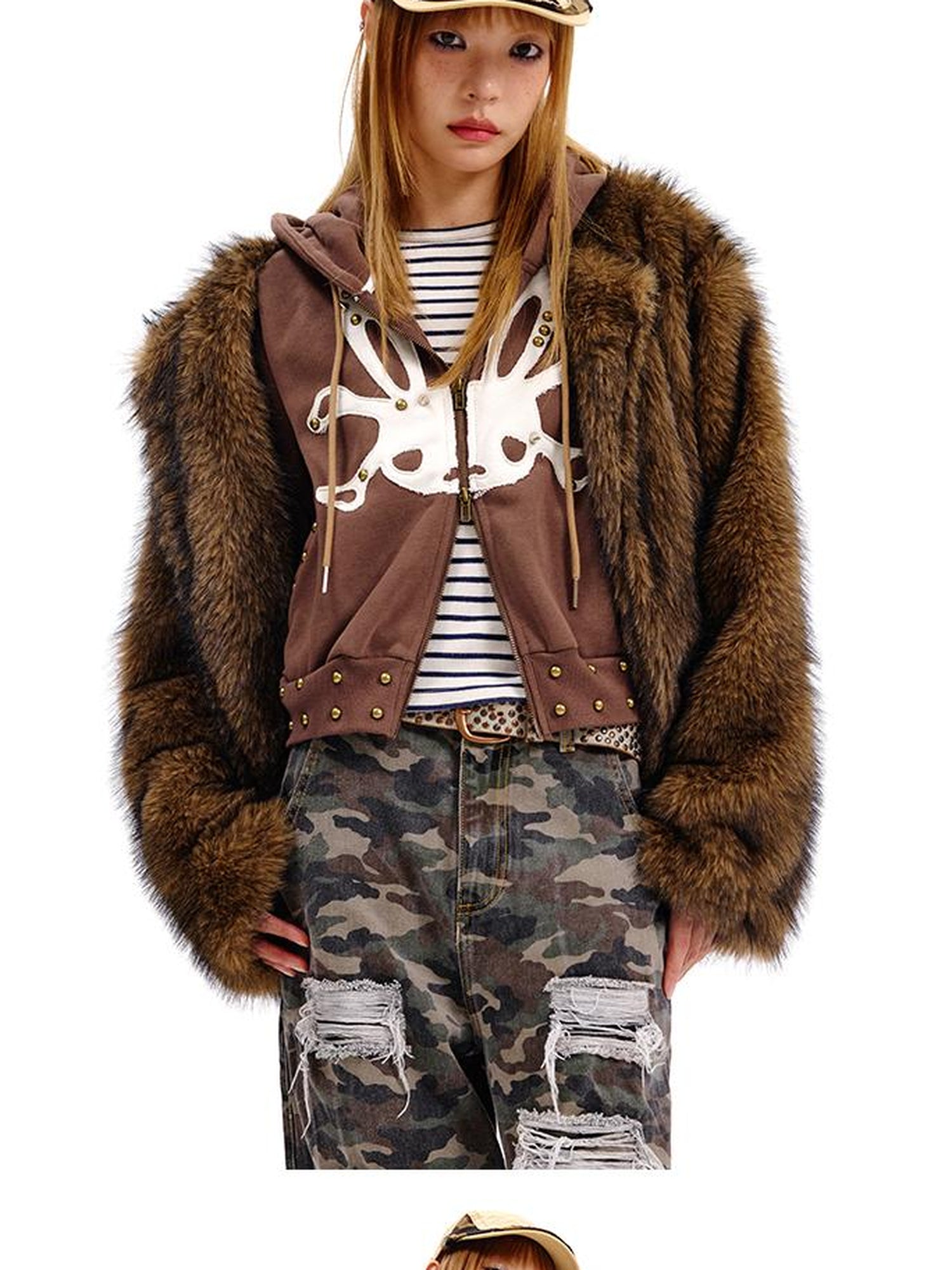 CFIERCE Rabbit Skull Print Two Layer Knit Coat