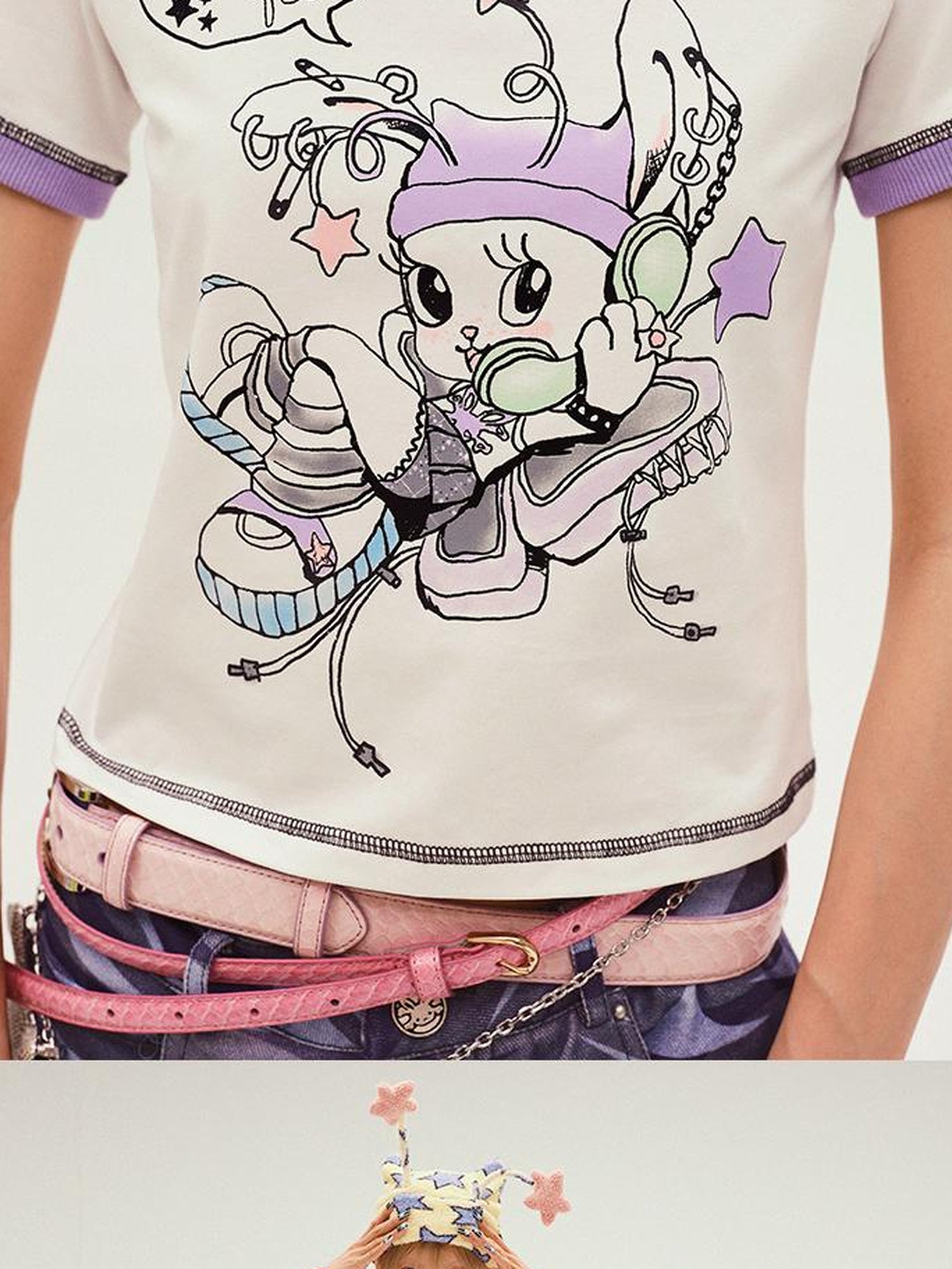 CFIERCE Rabbit Spirit Print T Shirt V Neck T Shirt Long Sleeve