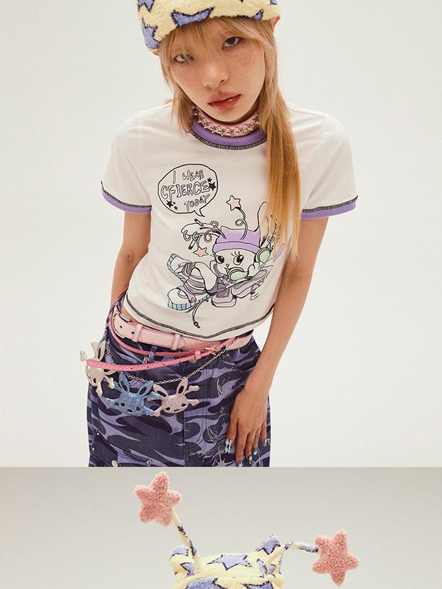 CFIERCE Rabbit Spirit Print T Shirt V Neck T Shirt Long Sleeve
