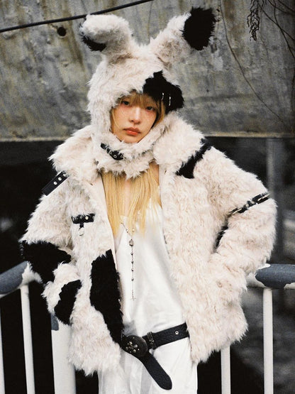 Rebel Rabbit Black White Patchwork Wool Coat