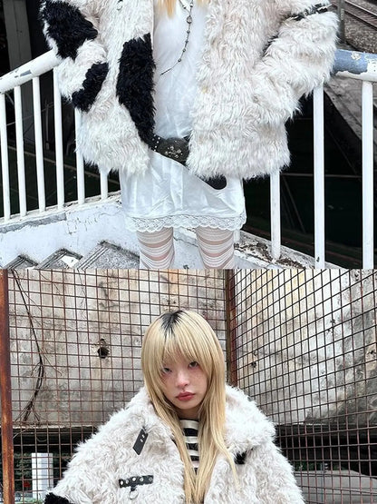Rebel Rabbit Black White Patchwork Wool Coat