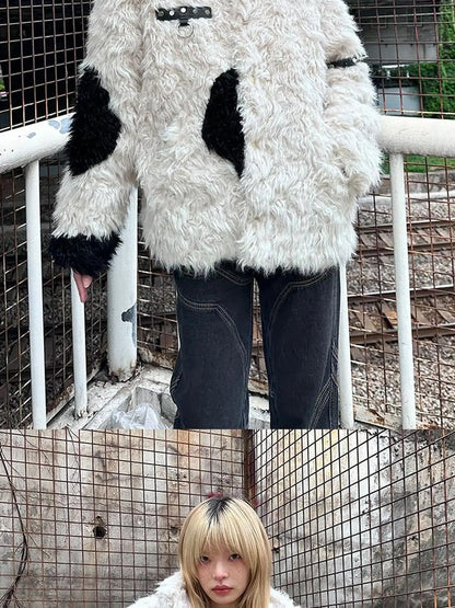 Rebel Rabbit Black White Patchwork Wool Coat