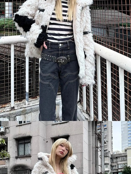 Rebel Rabbit Black White Patchwork Wool Coat