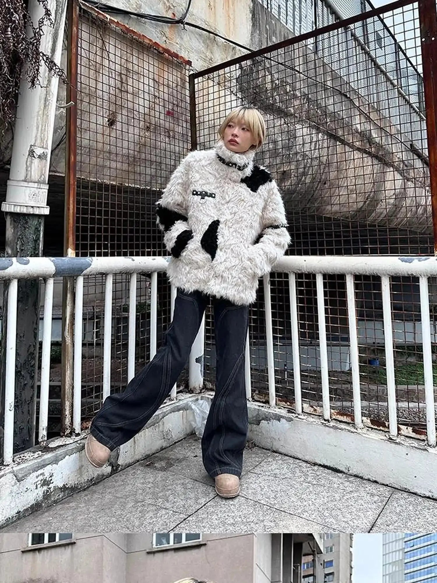 Rebel Rabbit Black White Patchwork Wool Coat