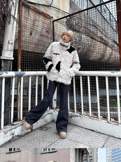 Rebel Rabbit Black White Patchwork Wool Coat