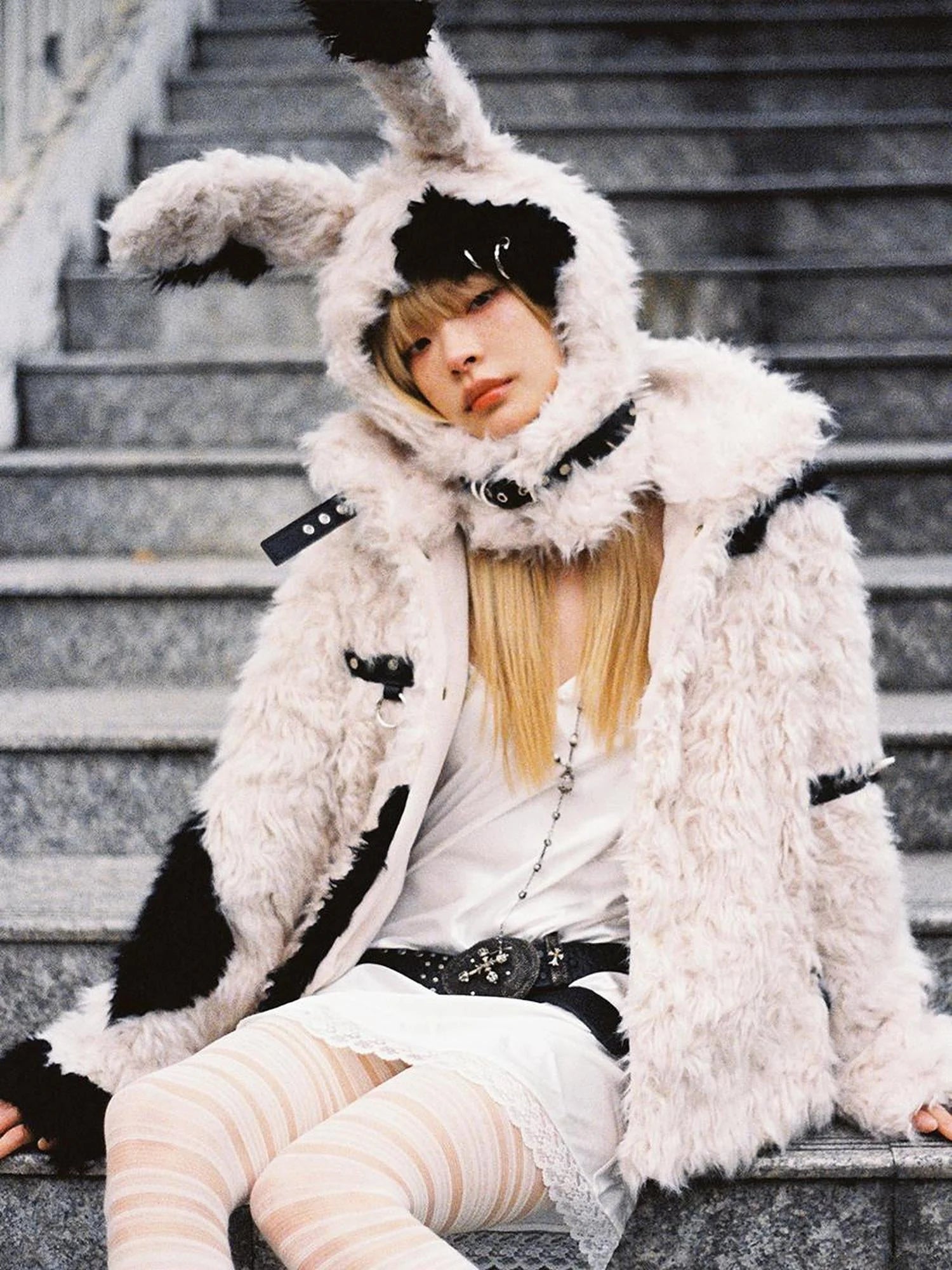 Rebel Rabbit Black White Patchwork Wool Coat