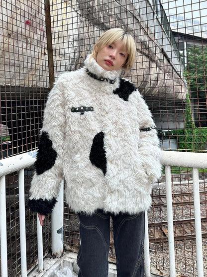 Rebel Rabbit Black White Patchwork Wool Coat