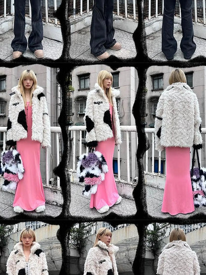 Rebel Rabbit Black White Patchwork Wool Coat