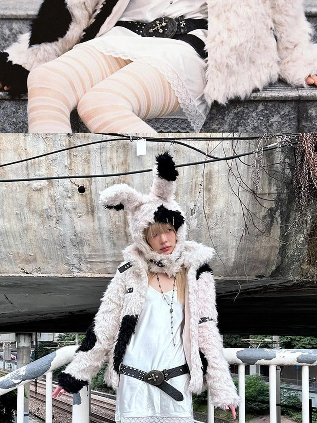 Rebel Rabbit Black White Patchwork Wool Coat