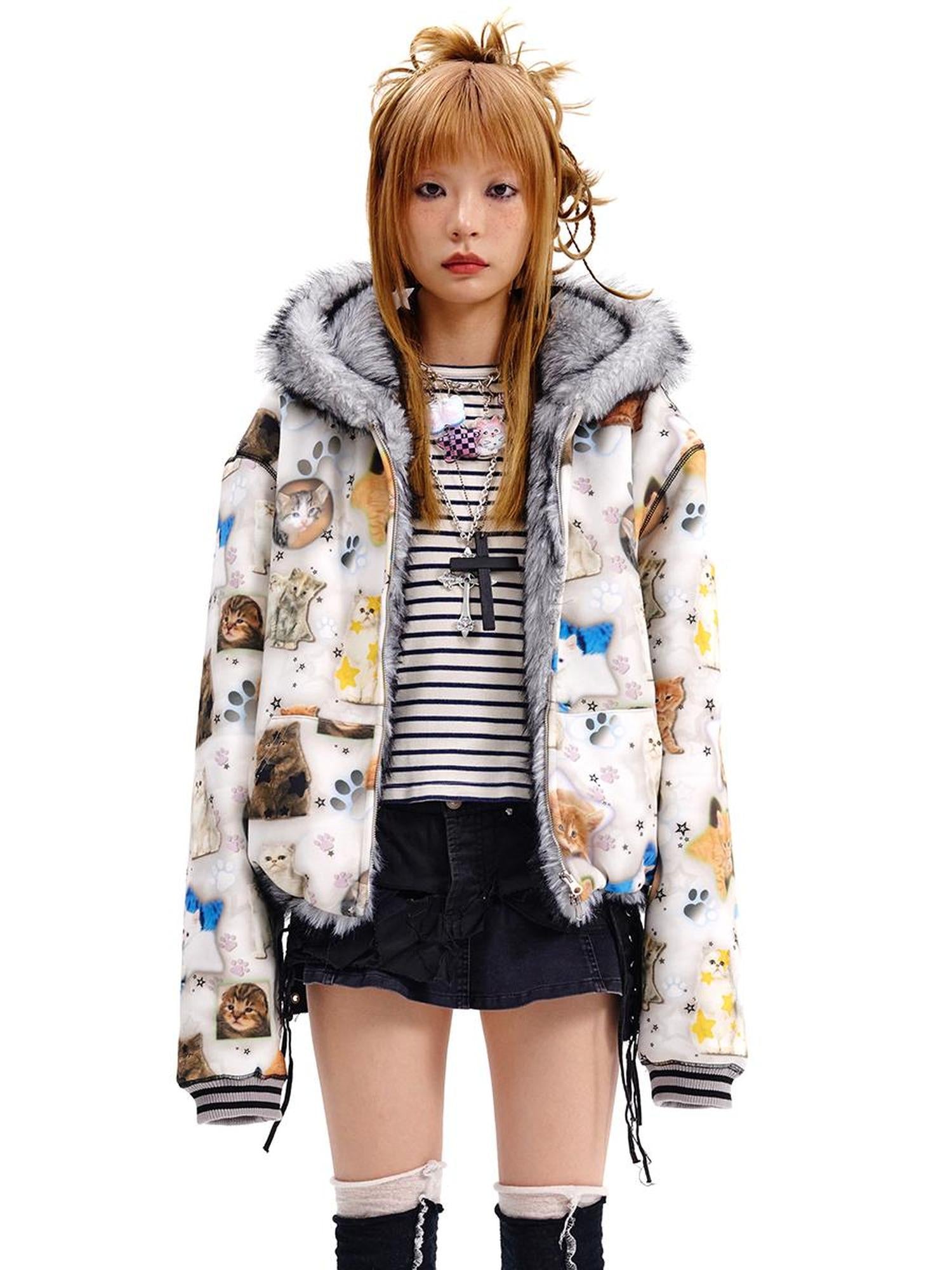 Reversible Cat Print Wool Coat