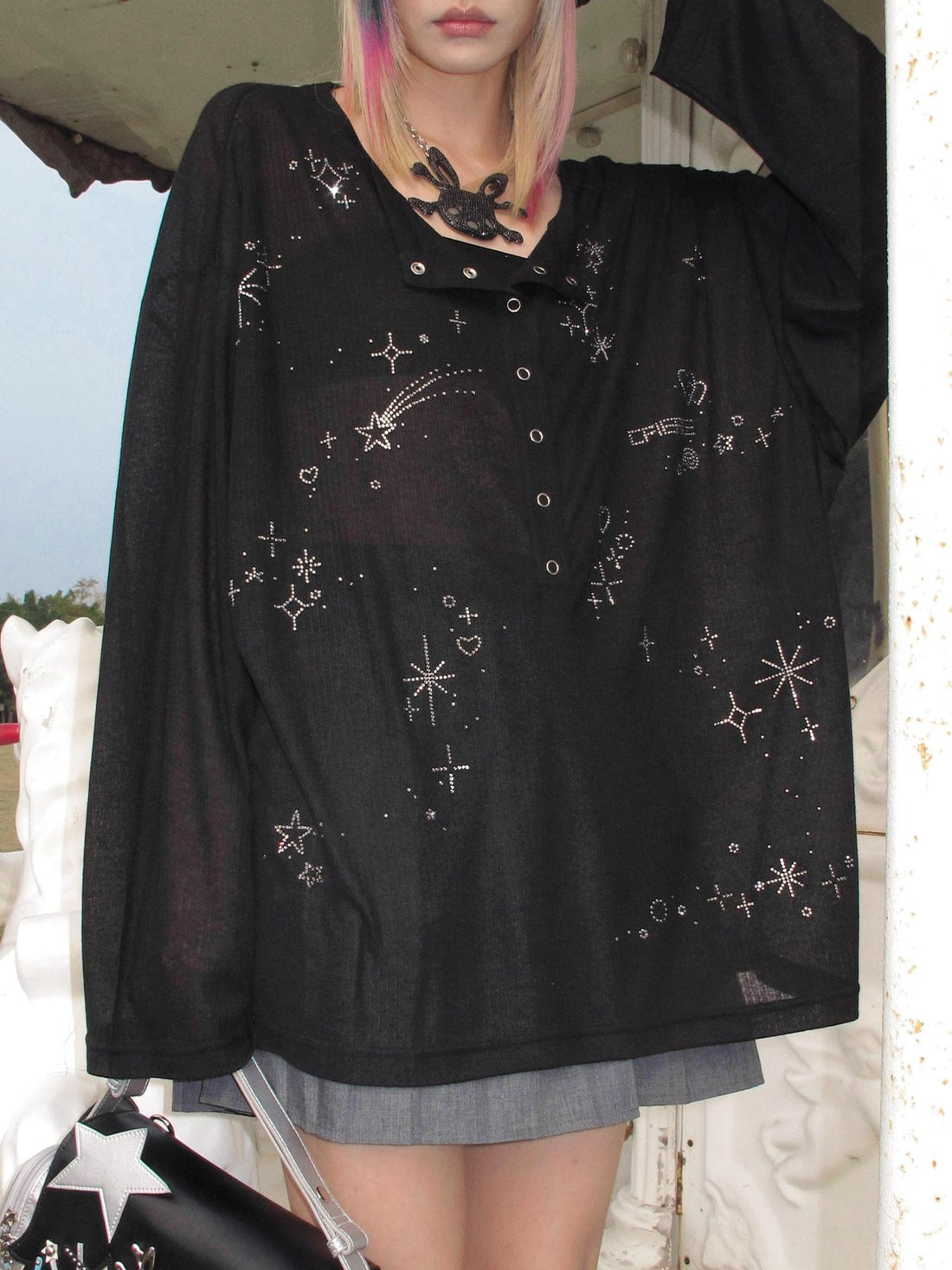 CFIERCE Rhinestone Embellished Casual Oversized Drop Shoulder Unisex Black T-Shirt