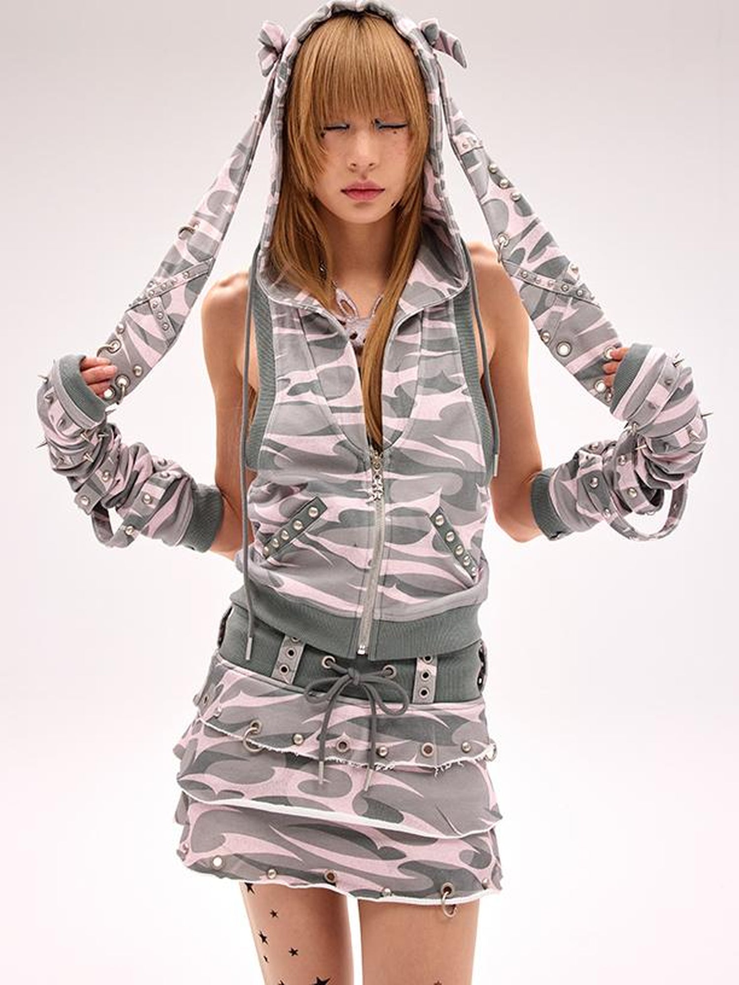 CFIERCE Rivet Bunny Ear Vest Jacket V Neck T Shirt Long Sleeve