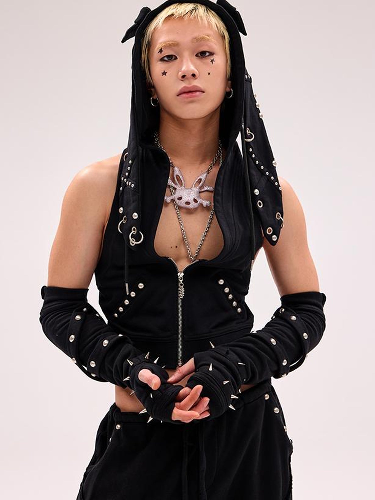 CFIERCE Rivet Bunny Ear Vest Jacket V Neck T Shirt Long Sleeve