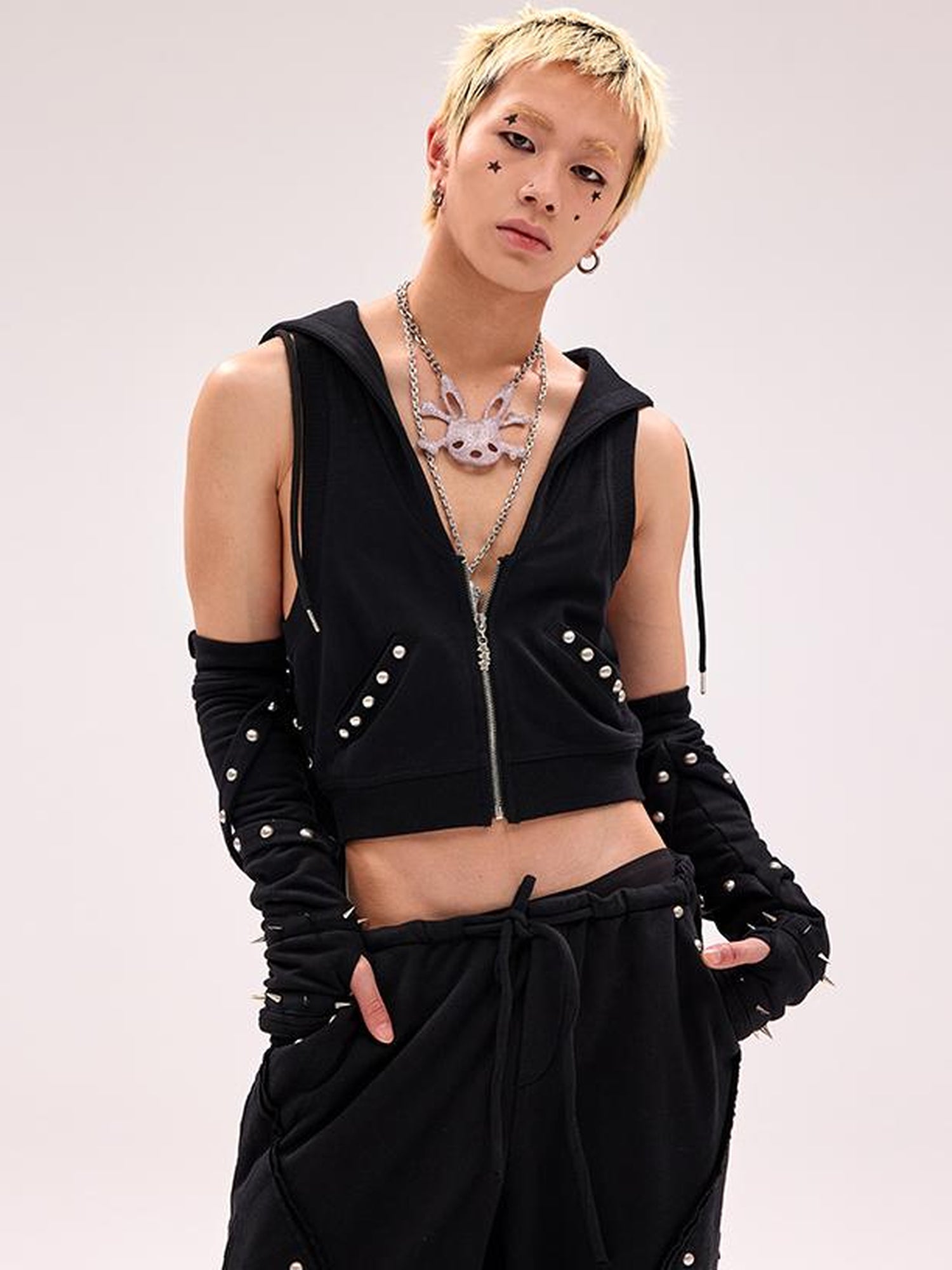 CFIERCE Rivet Bunny Ear Vest Jacket V Neck T Shirt Long Sleeve