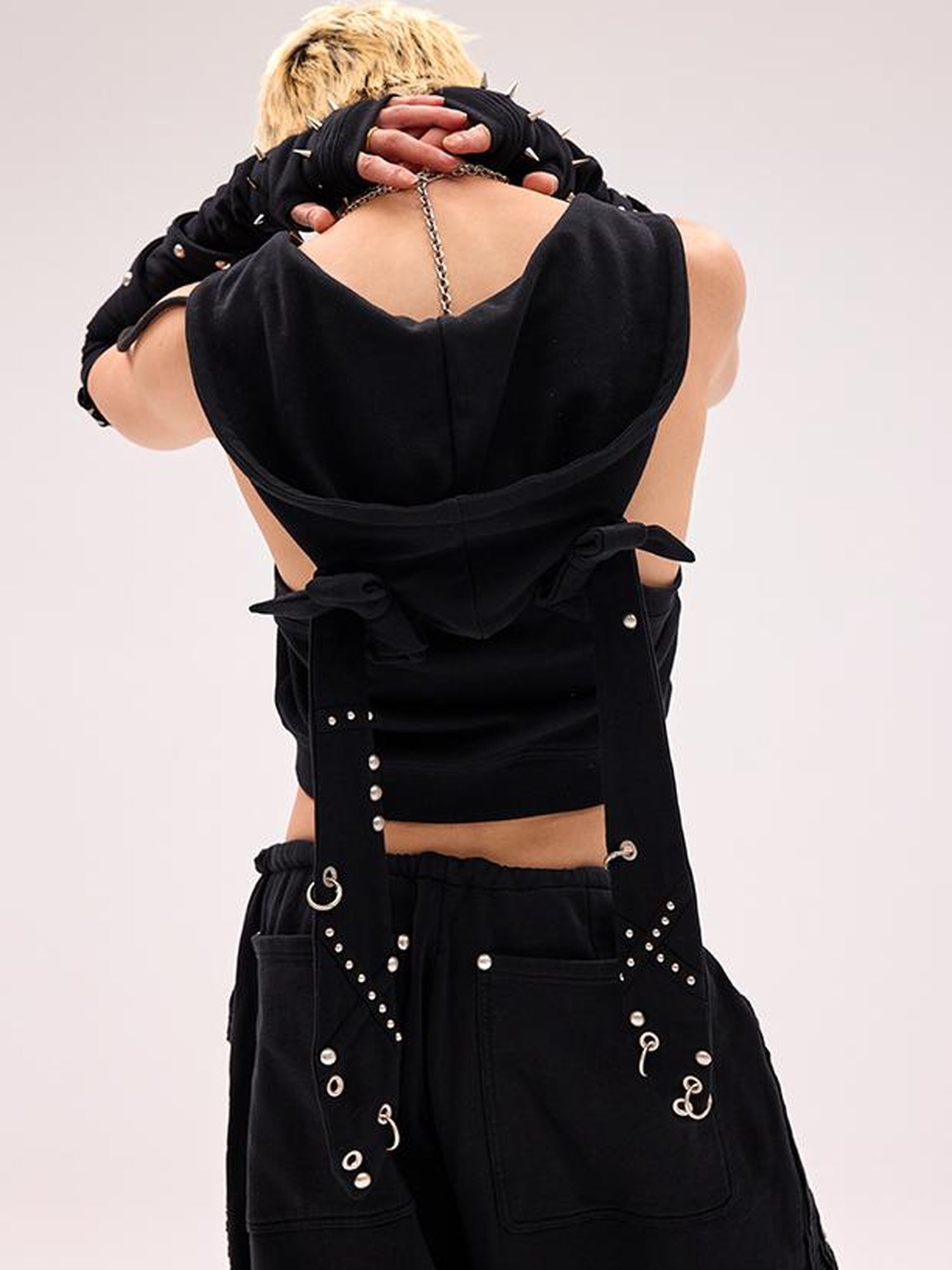 CFIERCE Rivet Bunny Ear Vest Jacket V Neck T Shirt Long Sleeve