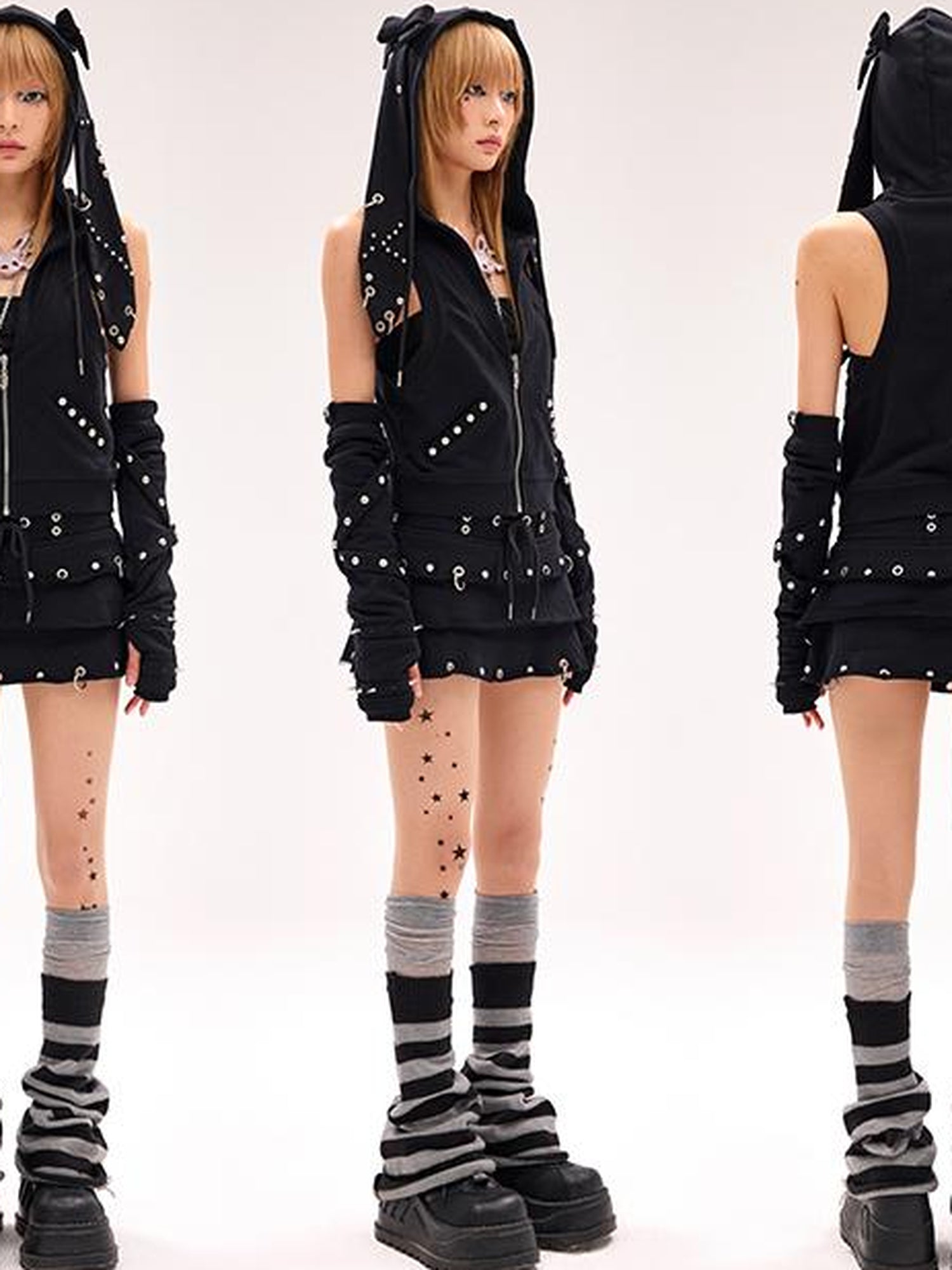 CFIERCE Rivet Bunny Ear Vest Jacket V Neck T Shirt Long Sleeve