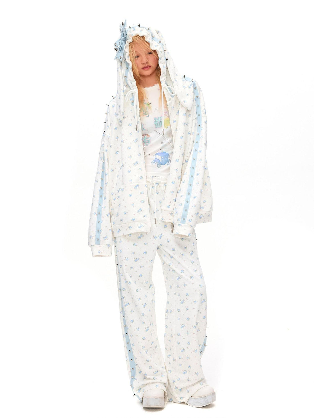 CFIERCE Rose Thorn Floral Rabbit Ear Oversized Zip Hooded Women&