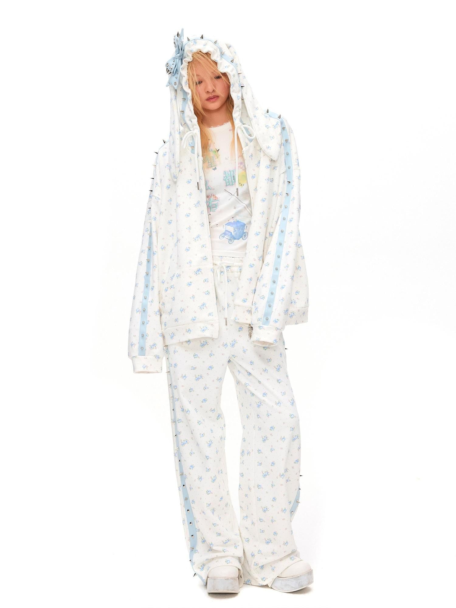 CFIERCE Rose Thorn Floral Rabbit Ear Oversized Zip Hooded Women&