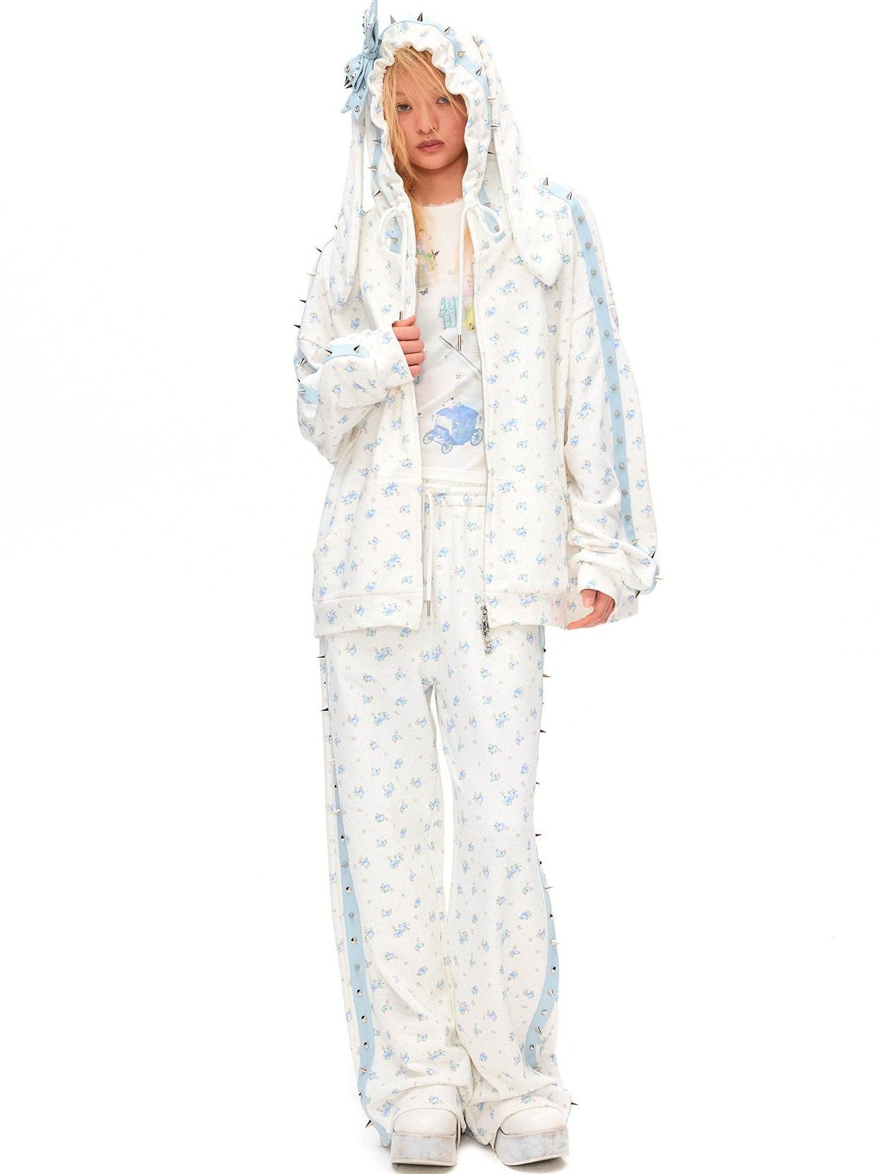 CFIERCE Rose Thorn Floral Rabbit Ear Oversized Zip Hooded Women&