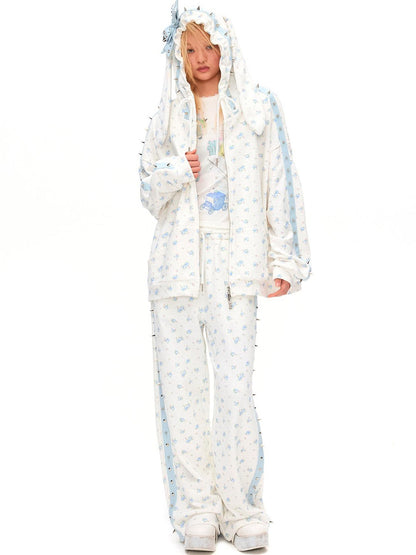 CFIERCE Rose Thorn Floral Rabbit Ear Oversized Zip Hooded Women&