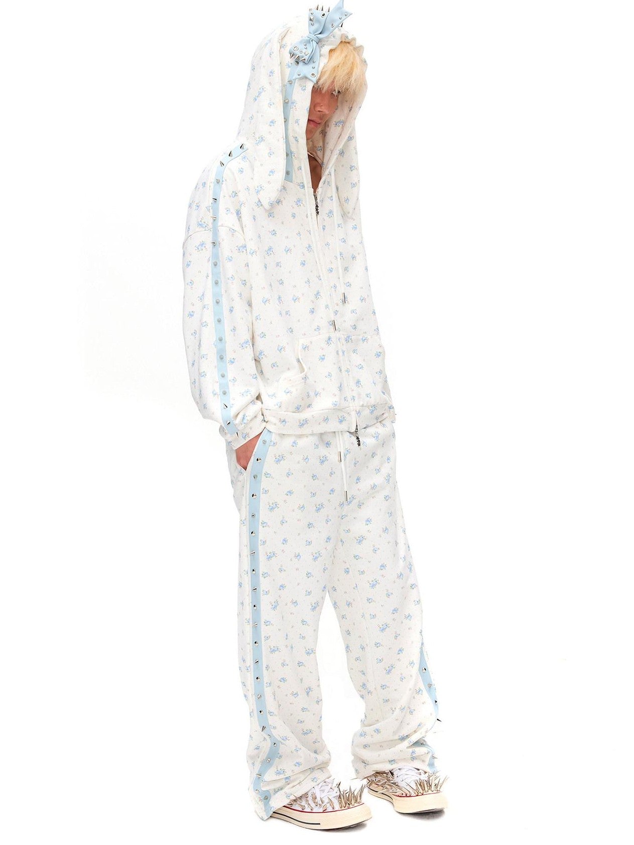 CFIERCE Rose Thorn Floral Rabbit Ear Oversized Zip Hooded Women&