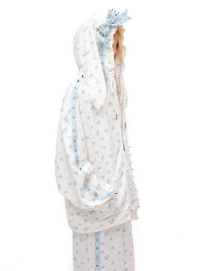 CFIERCE Rose Thorn Floral Rabbit Ear Oversized Zip Hooded Women&