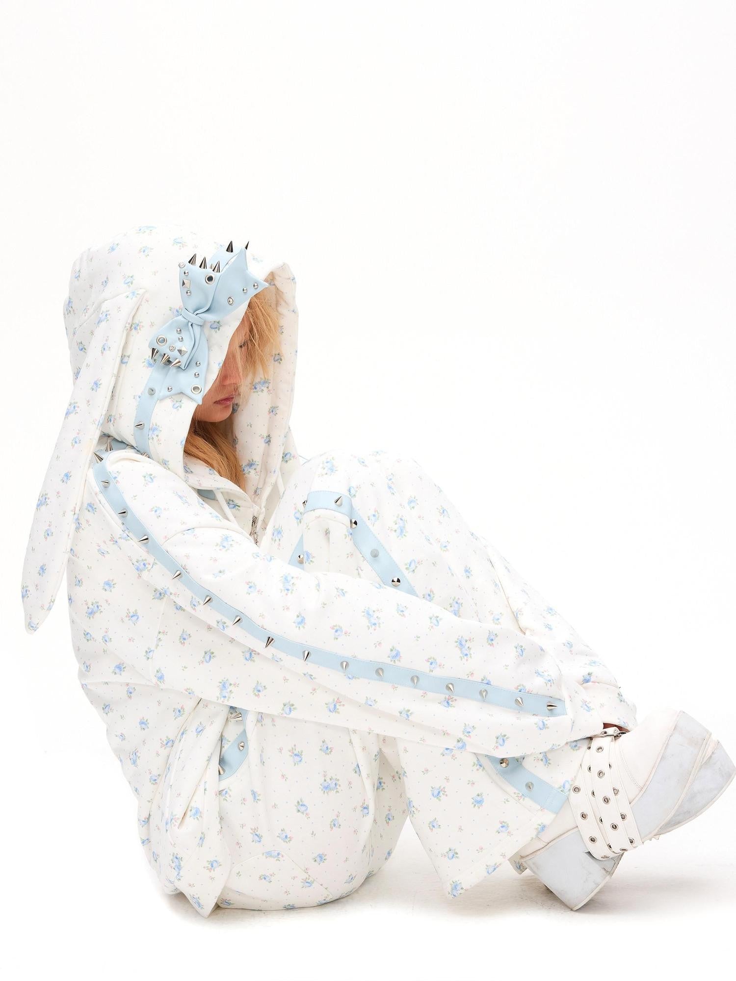 CFIERCE Rose Thorn Floral Rabbit Ear Oversized Zip Hooded Women&