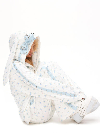 CFIERCE Rose Thorn Floral Rabbit Ear Oversized Zip Hooded Women&
