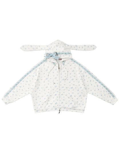 CFIERCE Rose Thorn Floral Rabbit Ear Oversized Zip Hooded Women&