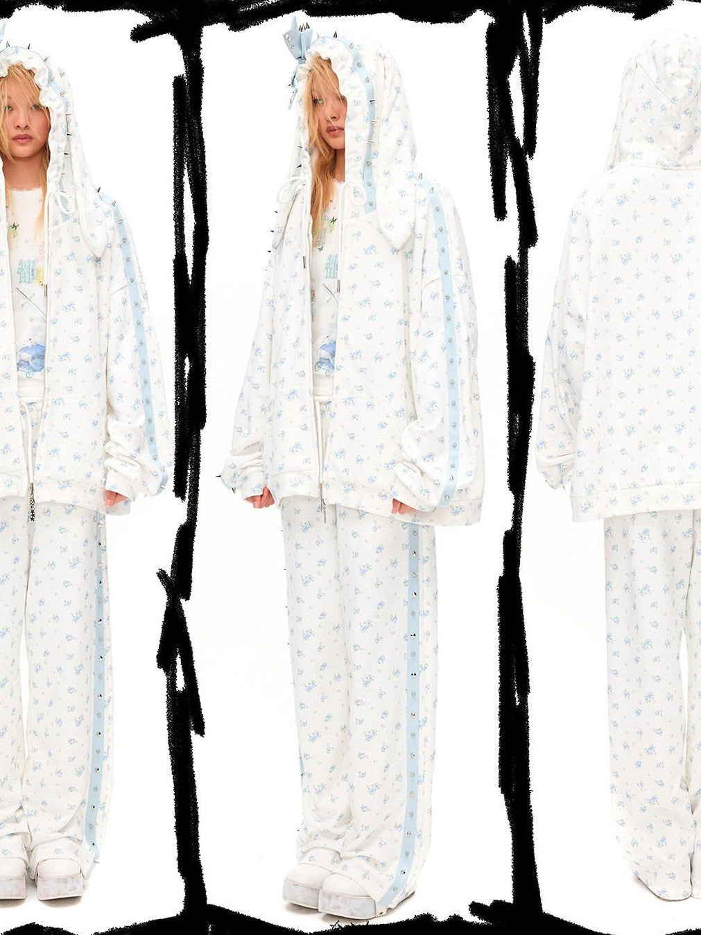 CFIERCE Rose Thorn Floral Rabbit Ear Oversized Zip Hooded Women&