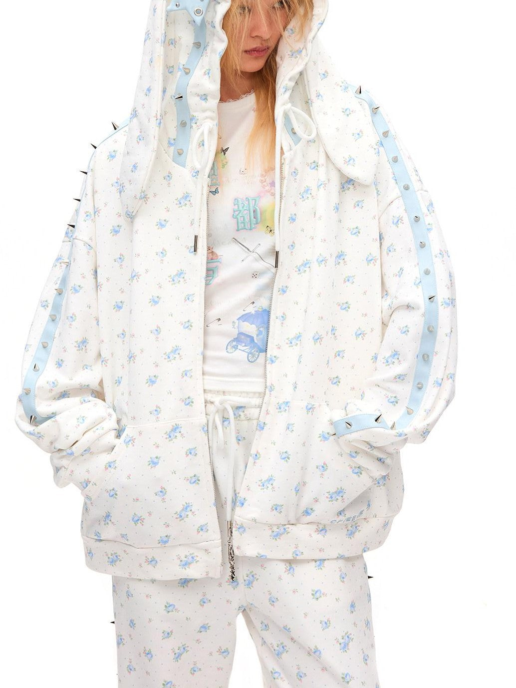 CFIERCE Rose Thorn Floral Rabbit Ear Oversized Zip Hooded Women&