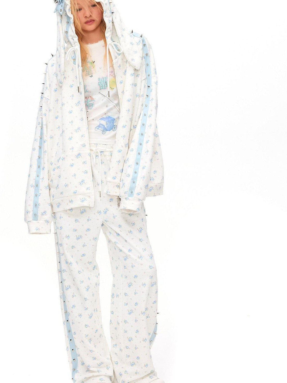 CFIERCE Rose Thorn Floral Rabbit Ear Oversized Zip Hooded Women&