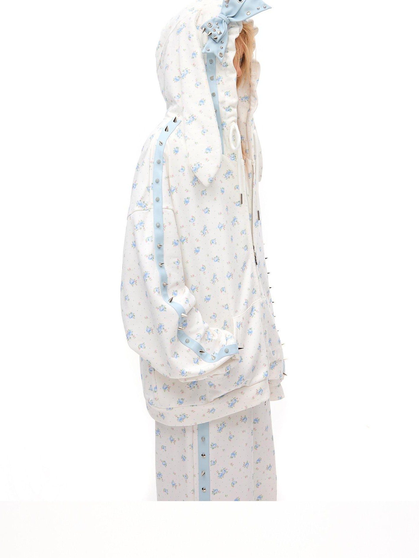 CFIERCE Rose Thorn Floral Rabbit Ear Oversized Zip Hooded Women&