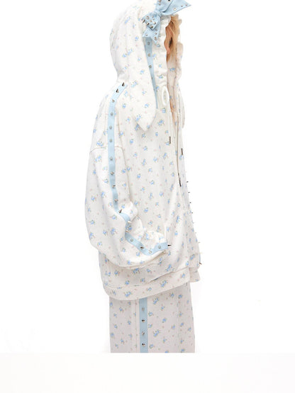 CFIERCE Rose Thorn Floral Rabbit Ear Oversized Zip Hooded Women&