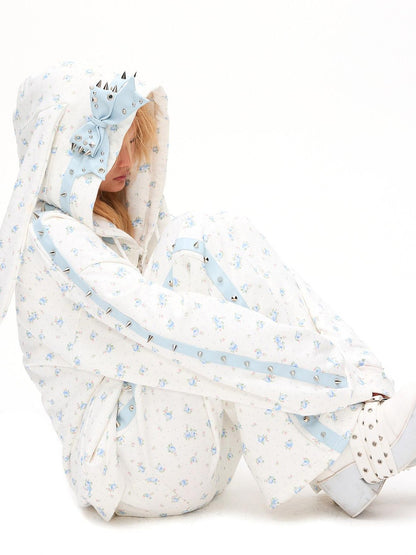 CFIERCE Rose Thorn Floral Rabbit Ear Oversized Zip Hooded Women&
