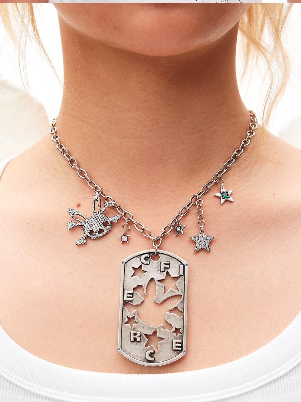 CFIERCE Silver Rabbit Skull Pentagram Detachable Pendant Women&